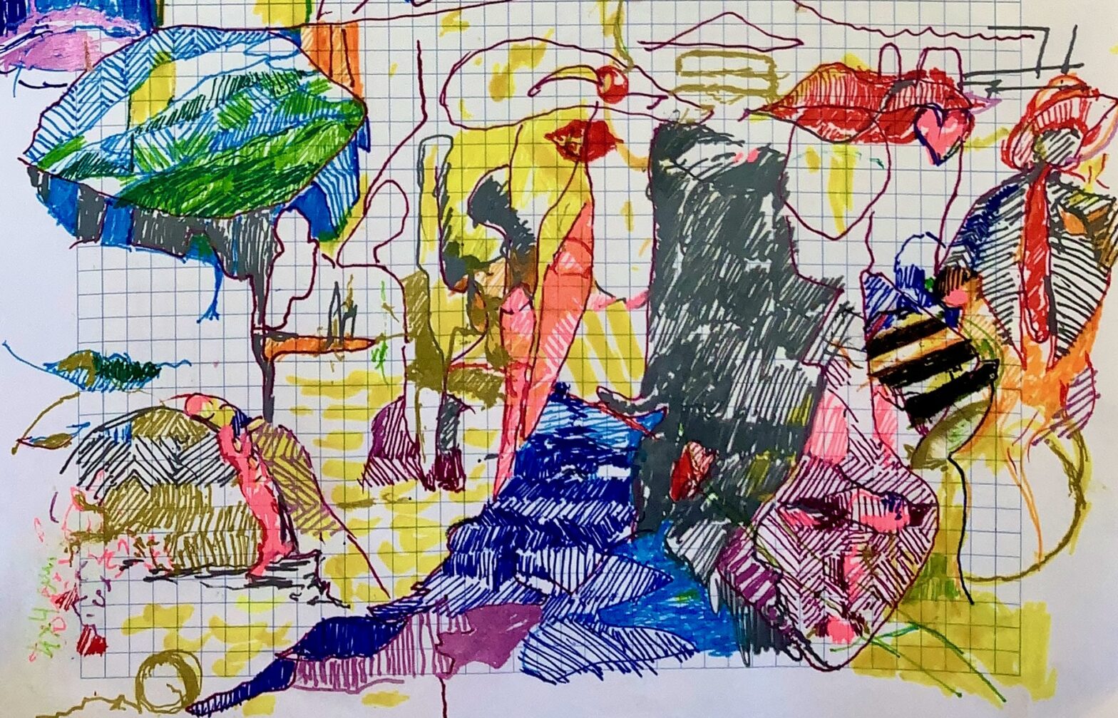 Abstract multi-colored gel ink drawing on white graph paper